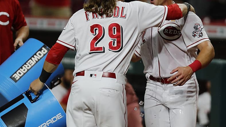 Sep 2, 2022; Cincinnati, Ohio, USA; Sep 2, 2022; Cincinnati, Ohio, USA; Cincinnati Reds third baseman Spencer Steer (right) reacts with outfielder TJ Friedl (29) after Steer scored the winning run against the Colorado Rockies at Great American Ball Park. Mandatory Credit: David Kohl-USA TODAY Sports