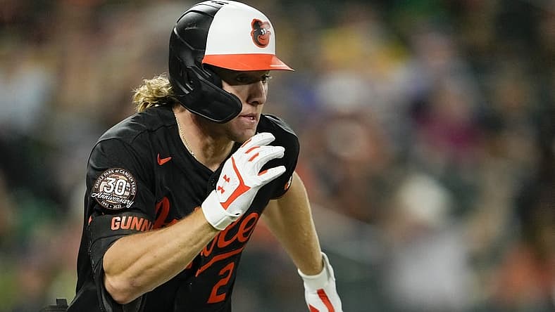 Sep 2, 2022; Baltimore, Maryland, USA; Baltimore Orioles second baseman Gunnar Henderson (2) runs after hitting against the Oakland Athletics during the seventh inning at Oriole Park at Camden Yards. Henderson got a double on the hit. Mandatory Credit: Brent Skeen-USA TODAY Sports