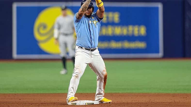 Sep 2, 2022; St. Petersburg, Florida, USA;  Tampa Bay Rays designated hitter Harold Ramirez (43) reacts after hitting a double against the New York Yankees in the eighth inning at Tropicana Field. Mandatory Credit: Nathan Ray Seebeck-USA TODAY Sports