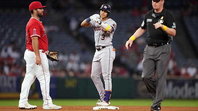 Sep 2, 2022; Anaheim, California, USA; Houston Astros shortstop Jeremy Pena (3) gestures after hitting a run-scoring double in the third inning against the Los Angeles Angels at Angel Stadium. Mandatory Credit: Kirby Lee-USA TODAY Sports