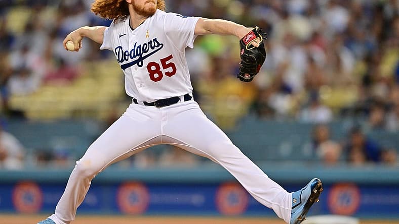 Sep 2, 2022; Los Angeles, California, USA; Los Angeles Dodgers starting pitcher Dustin May (85) pitches in the first inning against the San Diego Padres at Dodger Stadium. Mandatory Credit: Jayne Kamin-Oncea-USA TODAY Sports