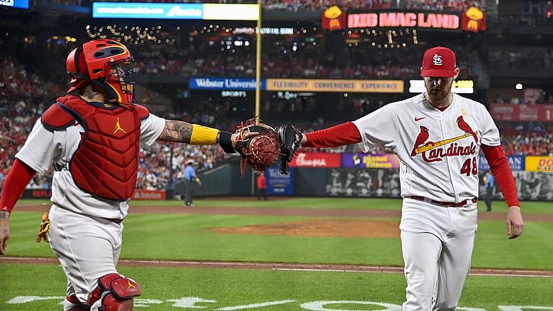 Sep 2, 2022; St. Louis, Missouri, USA; St. Louis Cardinals catcher Yadier Molina (4) celebrates with starting pitcher Jordan Montgomery (48) after the sixth inning against the Chicago Cubs at Busch Stadium. Mandatory Credit: Jeff Curry-USA TODAY Sports