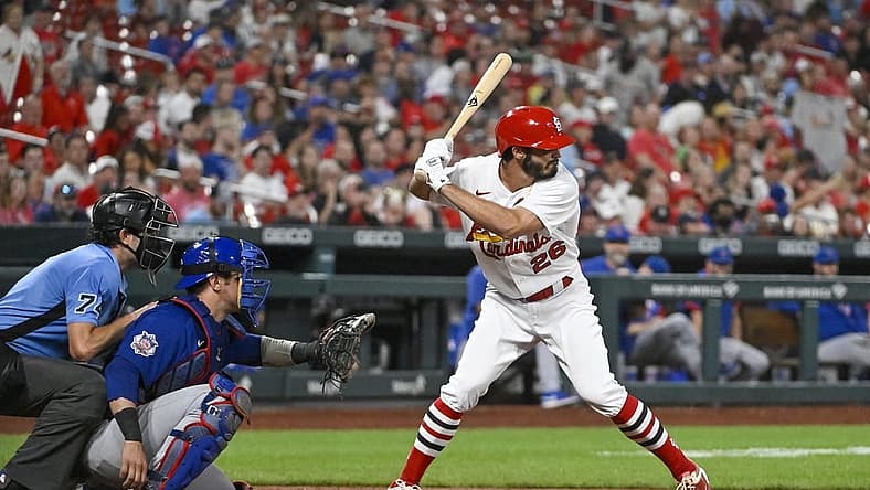 Sep 2, 2022; St. Louis, Missouri, USA;  St. Louis Cardinals pinch hitter Ben DeLuzio (26) bats during his major league debut in the eighth inning against the Chicago Cubs at Busch Stadium. Mandatory Credit: Jeff Curry-USA TODAY Sports