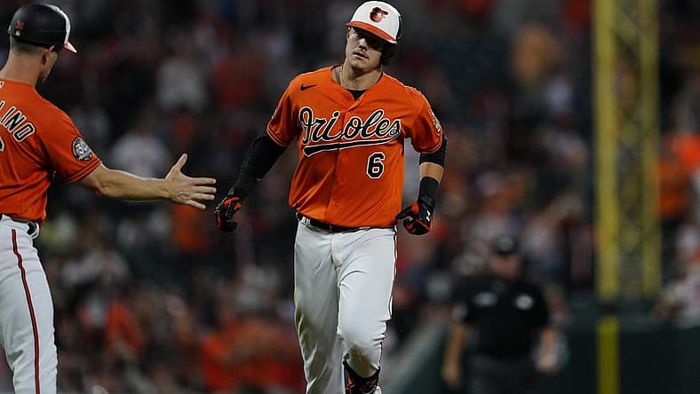 Sep 3, 2022; Baltimore, Maryland, USA; Baltimore Orioles first baseman Ryan Mountcastle (6) heads home after hitting a two-run home run against the Oakland Athletics during the first inning at Oriole Park at Camden Yards. Mandatory Credit: Brent Skeen-USA TODAY Sports