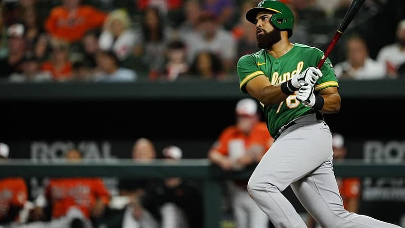 Sep 3, 2022; Baltimore, Maryland, USA; Oakland Athletics first baseman Dermis Garcia (76) hits a single against the Baltimore Orioles during the fourth inning at Oriole Park at Camden Yards. Mandatory Credit: Brent Skeen-USA TODAY Sports