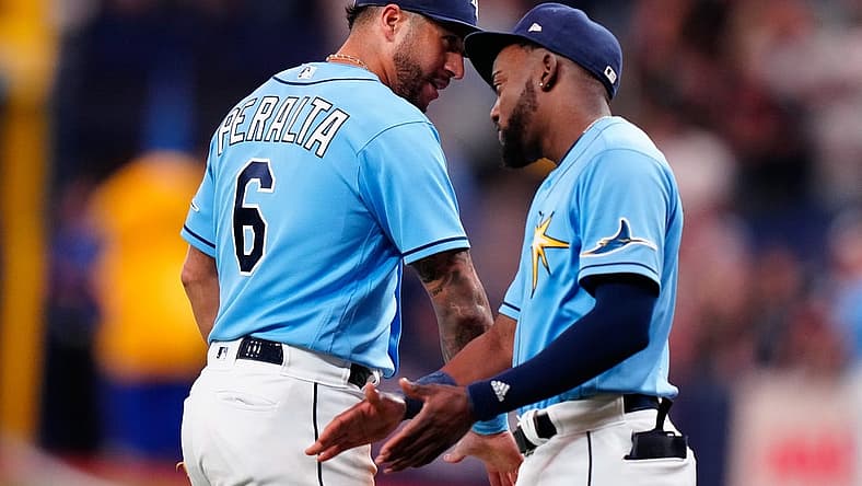 Sep 3, 2022; St. Petersburg, Florida, USA; Tampa Bay Rays left fielder David Peralta (6) and second baseman Vidal Brujan (7) celebrate after winning against the New York Yankees at Tropicana Field. Mandatory Credit: Rich Storry-USA TODAY Sports