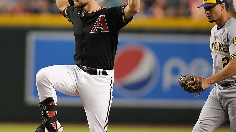 Sep 3, 2022; Phoenix, AZ, USA; Arizona Diamondbacks' Carson Kelly poses in celebration his double against the Milwaukee Brewers at Chase Field. Mandatory Credit: Joe Rondone-Arizona Republic
Mlb Brewers At D Backs
