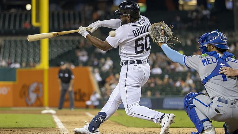 Sep 3, 2022; Detroit, Michigan, USA; Detroit Tigers left fielder Akil Baddoo (60) strikes out to end the game in the ninth inning against the Kansas City Royals at Comerica Park. Mandatory Credit: David Reginek-USA TODAY Sports
