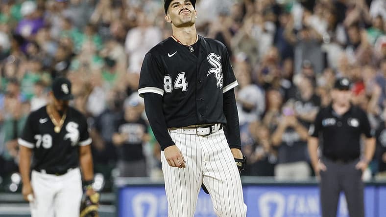 Sep 3, 2022; Chicago, Illinois, USA; Chicago White Sox starting pitcher Dylan Cease (84) reacts as he had no-hitter broken up after giving up a single to Minnesota Twins first baseman Luis Arraez (2) during the ninth inning at Guaranteed Rate Field. Mandatory Credit: Kamil Krzaczynski-USA TODAY Sports