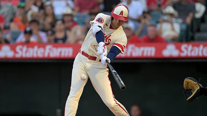 Sep 3, 2022; Anaheim, California, USA; Los Angeles Angels starting pitcher Shohei Ohtani (17) grounds out in the first inning against the Houston Astros at Angel Stadium. Mandatory Credit: Jayne Kamin-Oncea-USA TODAY Sports