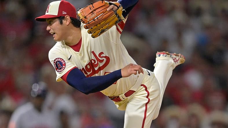 Sep 3, 2022; Anaheim, California, USA; Los Angeles Angels starting pitcher Shohei Ohtani (17) throws to the plate in the sixth inning against the Houston Astros at Angel Stadium. Mandatory Credit: Jayne Kamin-Oncea-USA TODAY Sports
