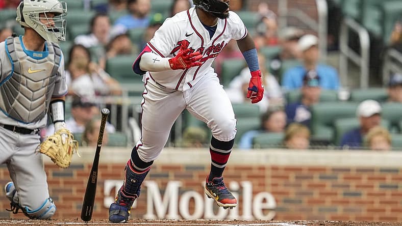 Sep 4, 2022; Cumberland, Georgia, USA; Atlanta Braves center fielder Michael Harris II (23) singles against the Miami Marlins during the second inning at Truist Park. Mandatory Credit: Dale Zanine-USA TODAY Sports