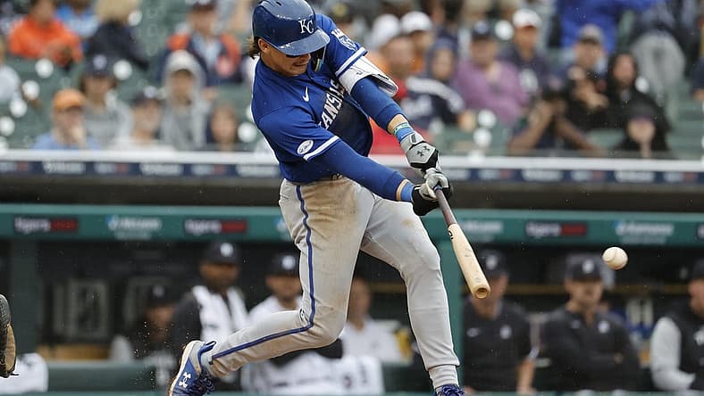 Sep 4, 2022; Detroit, Michigan, USA; Kansas City Royals shortstop Bobby Witt Jr. (7) hits a single in the third inning against the Detroit Tigers at Comerica Park. Mandatory Credit: Rick Osentoski-USA TODAY Sports