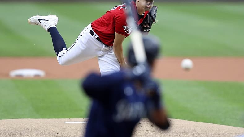Sep 4, 2022; Cleveland, Ohio, USA; Cleveland Guardians starting pitcher Cal Quantrill (47) pitches to Seattle Mariners center fielder Julio Rodriquez (44) during the first inning at Progressive Field. Mandatory Credit: Aaron Josefczyk-USA TODAY Sports