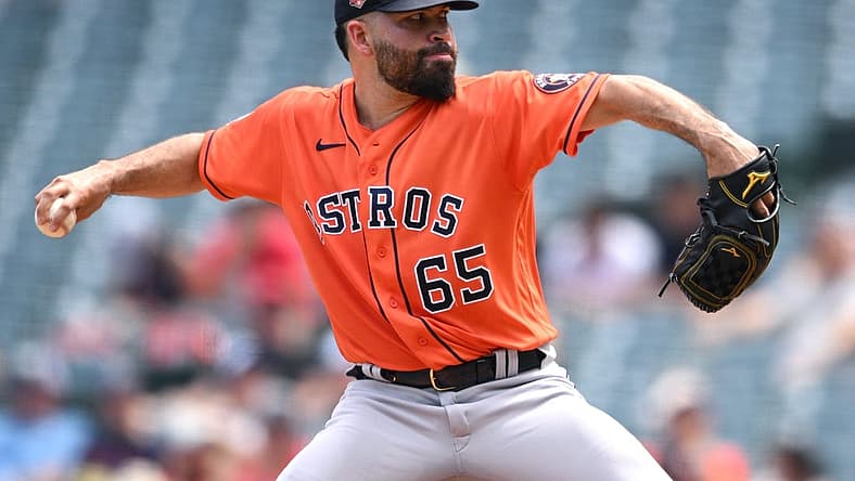 Sep 4, 2022; Anaheim, California, USA; Houston Astros starting pitcher Jose Urquidy (65) throws a pitch against the Los Angeles Angels during the first inning at Angel Stadium. Mandatory Credit: Orlando Ramirez-USA TODAY Sports