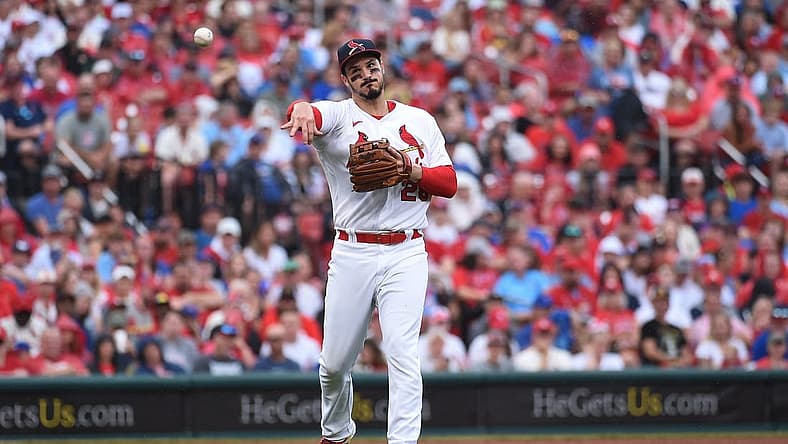 Sep 4, 2022; St. Louis, Missouri, USA; St. Louis Cardinals third baseman Nolan Arenado (28) throws to first base for an out against the Chicago Cubs in the second inning at Busch Stadium. Mandatory Credit: Joe Puetz-USA TODAY Sports