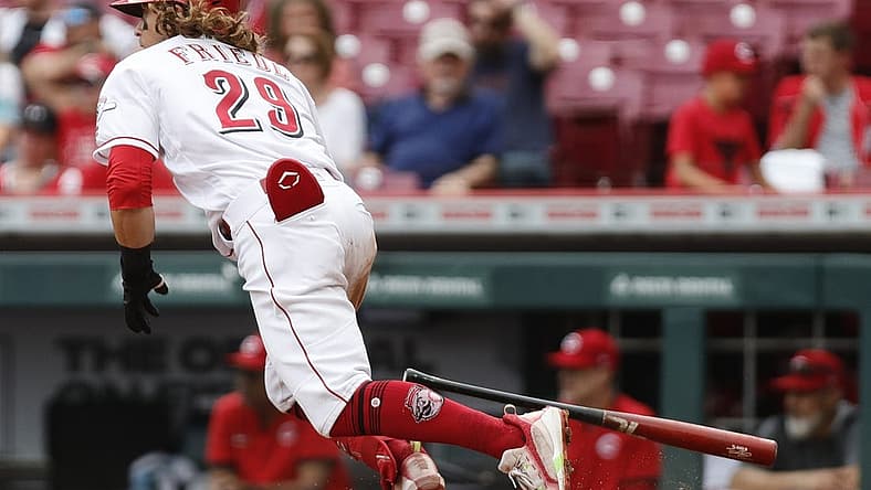 Sep 4, 2022; Cincinnati, Ohio, USA; Cincinnati Reds right fielder TJ Friedl (29) runs after hitting a single against the Colorado Rockies during the third inning at Great American Ball Park. Mandatory Credit: David Kohl-USA TODAY Sports