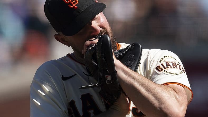 Sep 4, 2022; San Francisco, California, USA; San Francisco Giants starting pitcher Carlos Rodon (16) reacts to a ball four call during the sixth inning against the Philadelphia Phillies at Oracle Park. Mandatory Credit: D. Ross Cameron-USA TODAY Sports