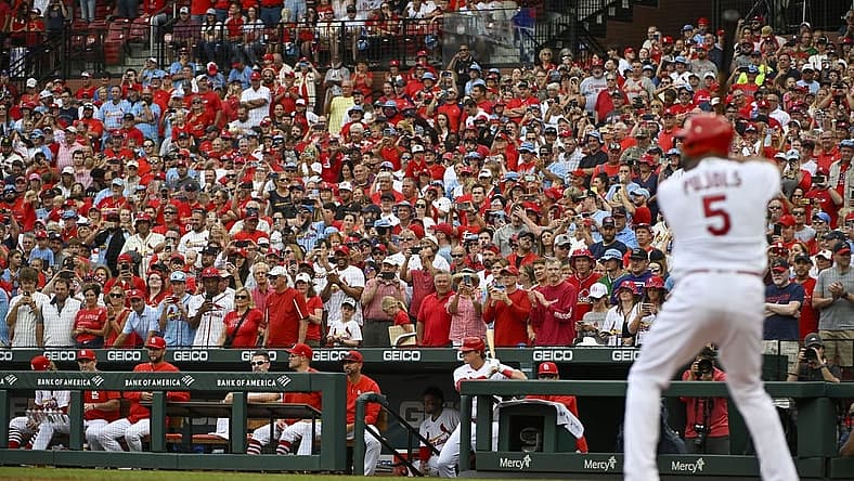Sep 5, 2022; St. Louis, Missouri, USA; St. Louis Cardinals first baseman Albert Pujols (5) bats against the Washington Nationals during the first inning at Busch Stadium. Mandatory Credit: Jeff Curry-USA TODAY Sports