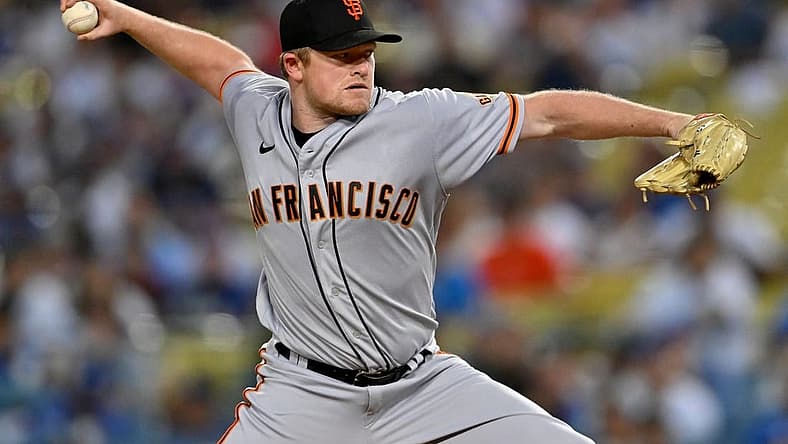 Sep 5, 2022; Los Angeles, California, USA; San Francisco Giants starting pitcher Logan Webb (62) throws to the plate in the first inning against the Los Angeles Dodgers at Dodger Stadium. Mandatory Credit: Jayne Kamin-Oncea-USA TODAY Sports