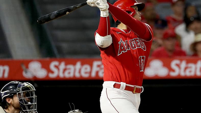 Sep 5, 2022; Anaheim, California, USA; Los Angeles Angels designated hitter Shohei Ohtani (17) hits a home run during the seventh inning against the Detroit Tigers at Angel Stadium. Mandatory Credit: Kiyoshi Mio-USA TODAY Sports