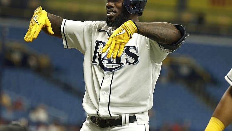 Sep 6, 2022; St. Petersburg, Florida, USA;Tampa Bay Rays left fielder Randy Arozarena (56) celebrates after he hit a three-run home run against the Boston Red Sox during the first inning at Tropicana Field. Mandatory Credit: Kim Klement-USA TODAY Sports