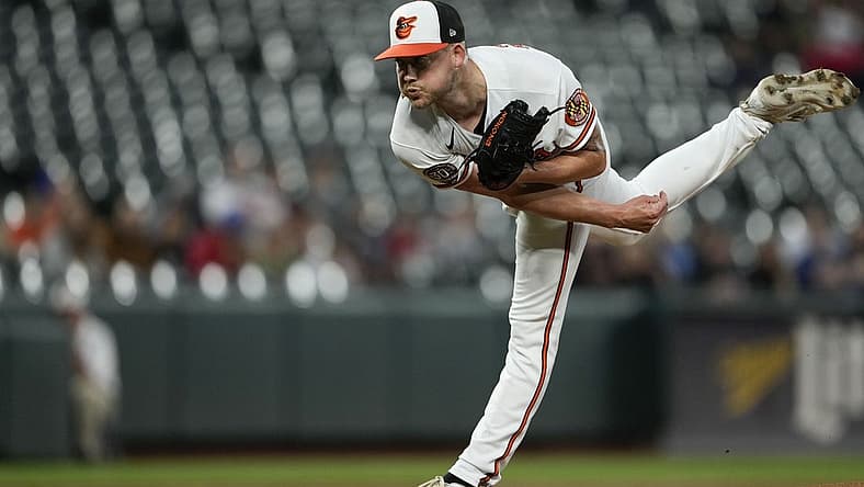 Sep 6, 2022; Baltimore, Maryland, USA; Baltimore Orioles starting pitcher Kyle Bradish (56) pitches against the Toronto Blue Jays during the first inning at Oriole Park at Camden Yards. Mandatory Credit: Brent Skeen-USA TODAY Sports