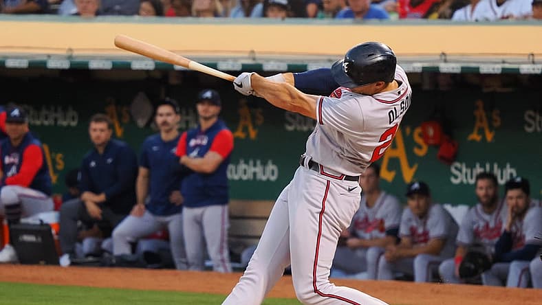 Sep 6, 2022; Oakland, California, USA; Atlanta Braves first baseman Matt Olson (28) hits a three-run home run against the Oakland Athletics during the third inning at RingCentral Coliseum. Mandatory Credit: Kelley L Cox-USA TODAY Sports