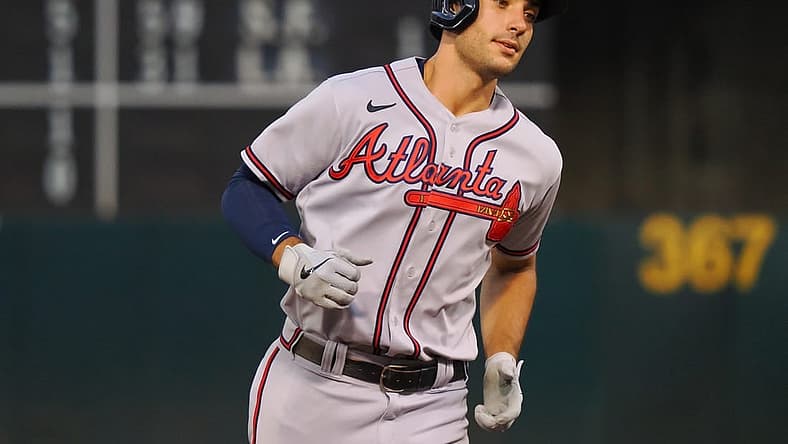 Sep 6, 2022; Oakland, California, USA; Atlanta Braves first baseman Matt Olson (28) rounds the bases on a three-run home run against the Oakland Athletics during the third inning at RingCentral Coliseum. Mandatory Credit: Kelley L Cox-USA TODAY Sports