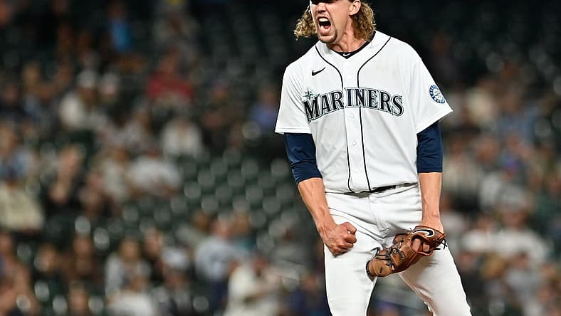Sep 6, 2022; Seattle, Washington, USA; Seattle Mariners starting pitcher Logan Gilbert (36) celebrates getting the last out of the inning against the Chicago White Sox during the sixth inning at T-Mobile Park. Mandatory Credit: Steven Bisig-USA TODAY Sports