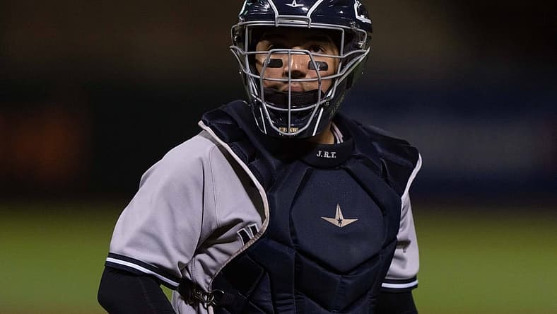 Aug 25, 2022; Oakland, California, USA; New York Yankees catcher Jose Trevino (39) during the third inning against the Oakland Athletics at RingCentral Coliseum. Mandatory Credit: Stan Szeto-USA TODAY Sports