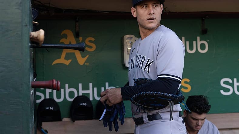 Aug 25, 2022; Oakland, California, USA; New York Yankees first baseman Anthony Rizzo (48) looks out onto the field from the dugout before the start of the first inning against the Oakland Athletics at RingCentral Coliseum. Mandatory Credit: Stan Szeto-USA TODAY Sports