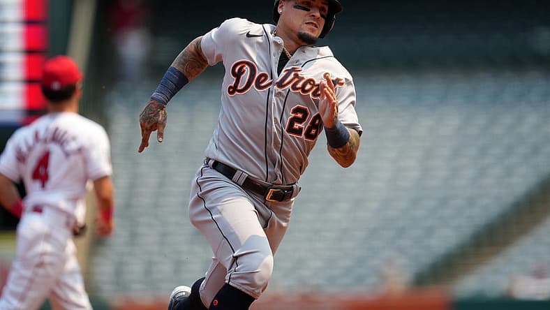 Sep 7, 2022; Anaheim, California, USA; Detroit Tigers designated hitter Javier Baez (28) runs to third base in the first inning against the Los Angeles Angels at Angel Stadium. Mandatory Credit: Kirby Lee-USA TODAY Sports