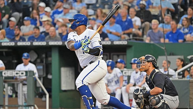 Sep 7, 2022; Kansas City, Missouri, USA; Kansas City Royals designated hitter Salvador Perez (13) singles during the first inning against the Cleveland Guardians at Kauffman Stadium. Mandatory Credit: Peter Aiken-USA TODAY Sports