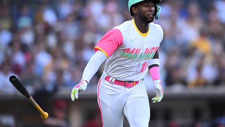 Sep 7, 2022; San Diego, California, USA; San Diego Padres left fielder Jurickson Profar (10) watches his two-run home run against the Arizona Diamondbacks during the second inning at Petco Park. Mandatory Credit: Orlando Ramirez-USA TODAY Sports
