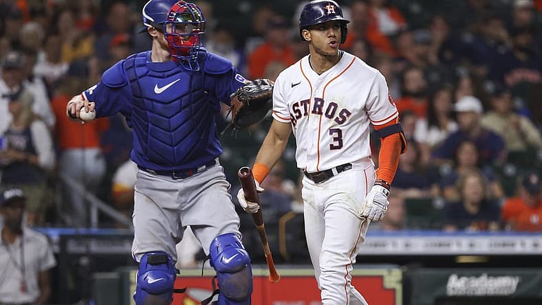 Sep 7, 2022; Houston, Texas, USA; Houston Astros shortstop Jeremy Pena (3) reacts after striking out during the third inning against the Texas Rangers at Minute Maid Park. Mandatory Credit: Troy Taormina-USA TODAY Sports