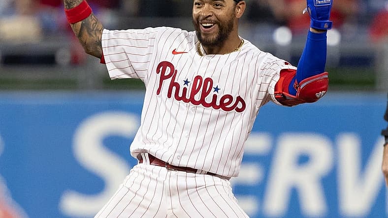 Sep 7, 2022; Philadelphia, Pennsylvania, USA; Philadelphia Phillies shortstop Edmundo Sosa (33) reacts after hitting an RBI double during the seventh inning against the Miami Marlins at Citizens Bank Park. Mandatory Credit: Bill Streicher-USA TODAY Sports