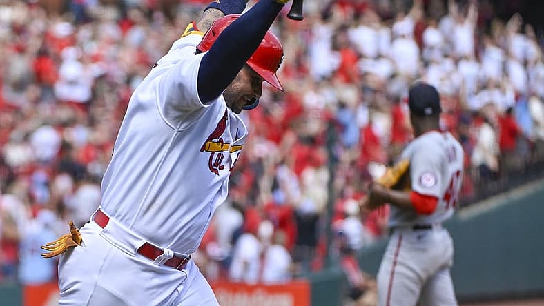 Sep 8, 2022; St. Louis, Missouri, USA; St. Louis Cardinals catcher Yadier Molina (4) reacts after hitting a two run home run off of Washington Nationals starting pitcher Josiah Gray (40) during the second inning at Busch Stadium. Mandatory Credit: Jeff Curry-USA TODAY Sports