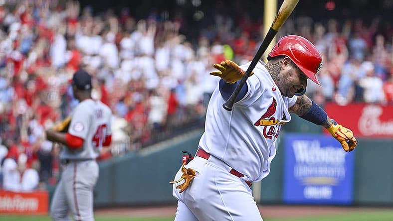 Sep 8, 2022; St. Louis, Missouri, USA; St. Louis Cardinals catcher Yadier Molina (4) reacts after hitting a two run home run off of Washington Nationals starting pitcher Josiah Gray (40) during the second inning at Busch Stadium. Mandatory Credit: Jeff Curry-USA TODAY Sports
