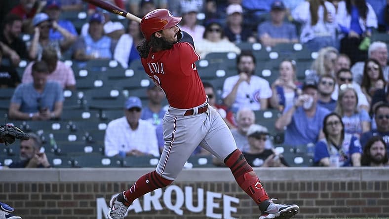 Sep 8, 2022; Chicago, Illinois, USA; Cincinnati Reds second baseman Jonathan India (6) hits an RBI single against the Chicago Cubs during the ninth inning at Wrigley Field. Mandatory Credit: Matt Marton-USA TODAY Sports