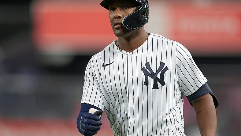 Sep 8, 2022; Bronx, New York, USA; New York Yankees designated hitter Miguel Andujar (41) reacts after a single during the fourth inning against the Minnesota Twins at Yankee Stadium. Mandatory Credit: Vincent Carchietta-USA TODAY Sports
