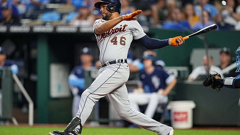 Sep 9, 2022; Kansas City, Missouri, USA; Detroit Tigers designated hitter Jeimer Candelario (46) hits a three-run home run against the Kansas City Royals during the second inning at Kauffman Stadium. Mandatory Credit: Jay Biggerstaff-USA TODAY Sports