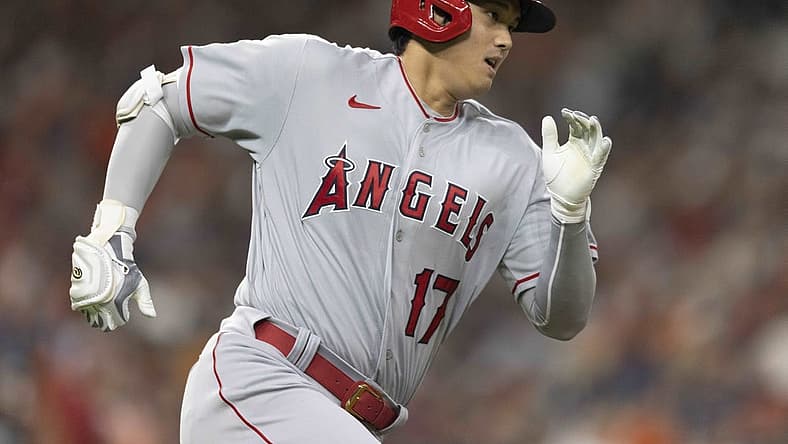 Sep 9, 2022; Houston, Texas, USA; Los Angeles Angels designated hitter Shohei Ohtani (17) hits a double against the Houston Astros in the fourth inning at Minute Maid Park. Mandatory Credit: Thomas Shea-USA TODAY Sports