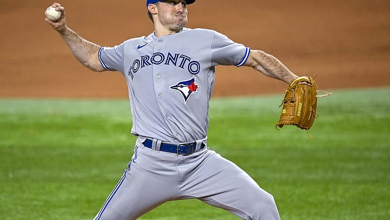 Sep 9, 2022; Arlington, Texas, USA; Toronto Blue Jays starting pitcher Ross Stripling (48) pitches against the Texas Rangers during the sixth inning at Globe Life Field. Mandatory Credit: Jerome Miron-USA TODAY Sports