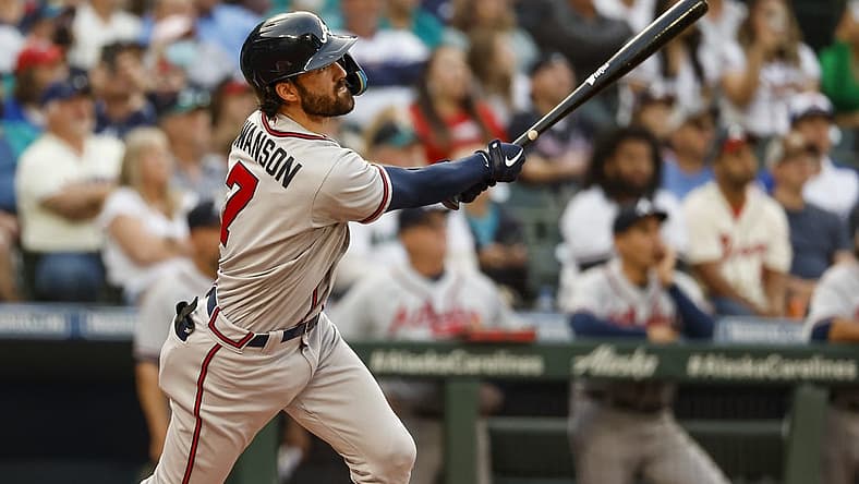 Sep 9, 2022; Seattle, Washington, USA; Atlanta Braves shortstop Dansby Swanson (7) hits a two-run home run against the Seattle Mariners during the first inning at T-Mobile Park. Mandatory Credit: Joe Nicholson-USA TODAY Sports