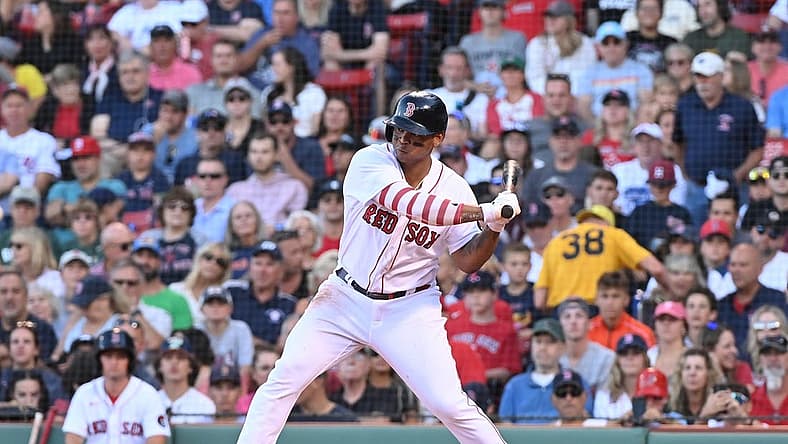 Sep 3, 2022; Boston, Massachusetts, USA; Boston Red Sox third baseman Rafael Devers (11) at bat against the Texas Rangers at Fenway Park. Mandatory Credit: Eric Canha-USA TODAY Sports