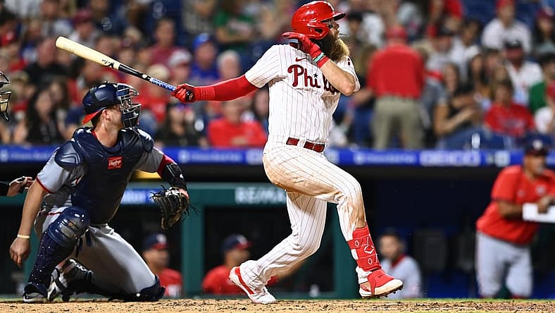 Sep 10, 2022; Philadelphia, Pennsylvania, USA; Philadelphia Phillies outfielder Brandon Marsh (16) hits a home run against the Washington Nationals in the sixth inning at Citizens Bank Park. Mandatory Credit: Kyle Ross-USA TODAY Sports