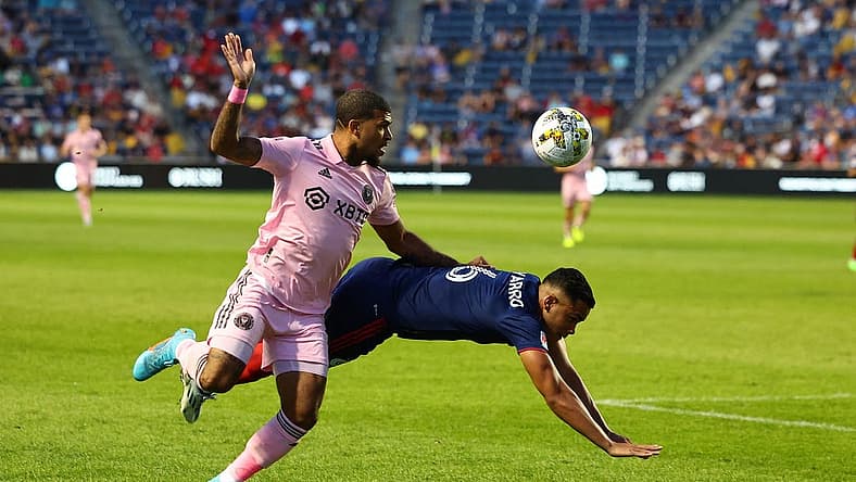 Sep 10, 2022; Chicago, Illinois, USA; Inter Miami defender DeAndre Yedlin (2) goes for a loose ball against Chicago Fire defender Miguel Angel Navarro (6) during the first half at Bridgeview Stadium. Mandatory Credit: Mike Dinovo-USA TODAY Sports