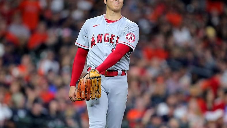 Sep 10, 2022; Houston, Texas, USA; Los Angeles Angels starting pitcher Shohei Ohtani (17) reacts after a pitch against the Houston Astros during the fifth inning at Minute Maid Park. Mandatory Credit: Erik Williams-USA TODAY Sports