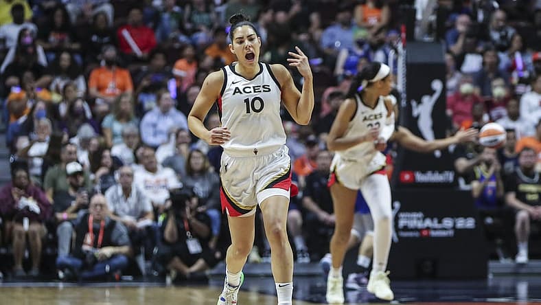 Sep 18, 2022; Uncasville, Connecticut, USA; Las Vegas Aces guard Kelsey Plum (10) celebrates after making a three point shot in the first half during game four of the 2022 WNBA Finals against the Connecticut Sun at Mohegan Sun Arena. Mandatory Credit: Wendell Cruz-USA TODAY Sports